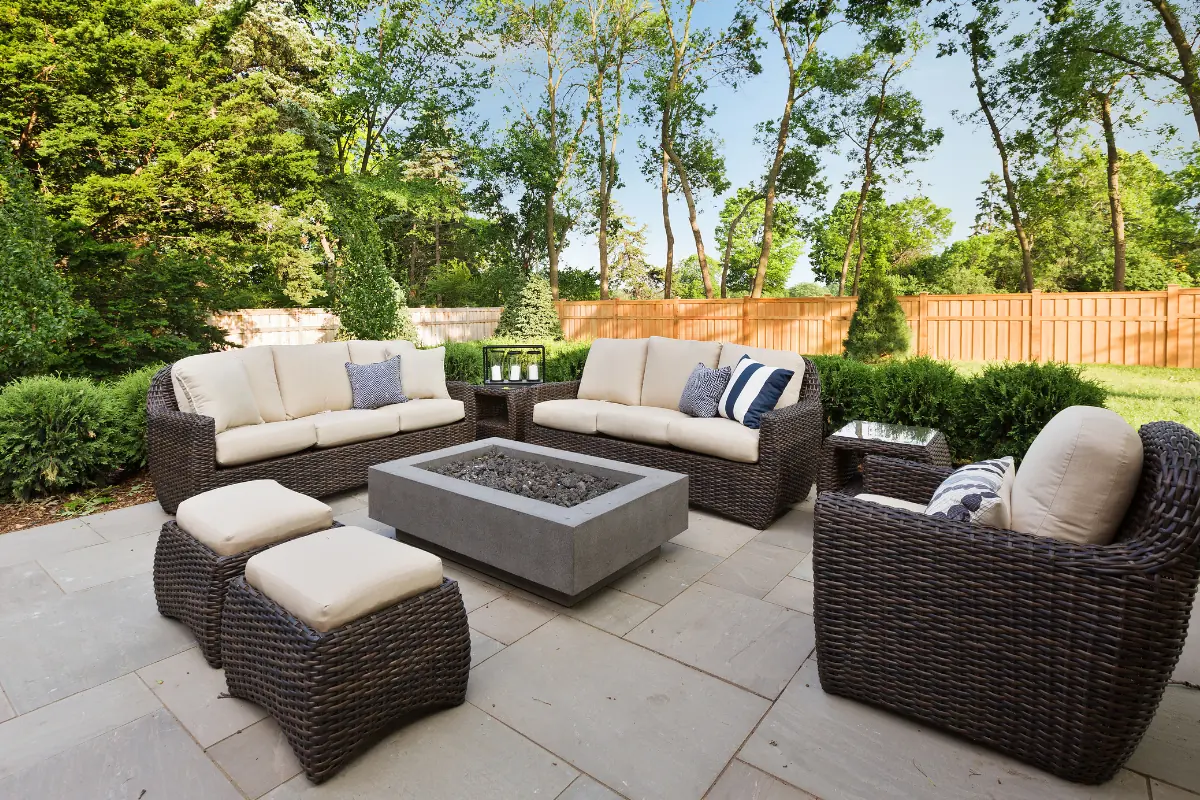 Stamped concrete patio with fire feature in Baldwin NY — Nassau County Concrete
